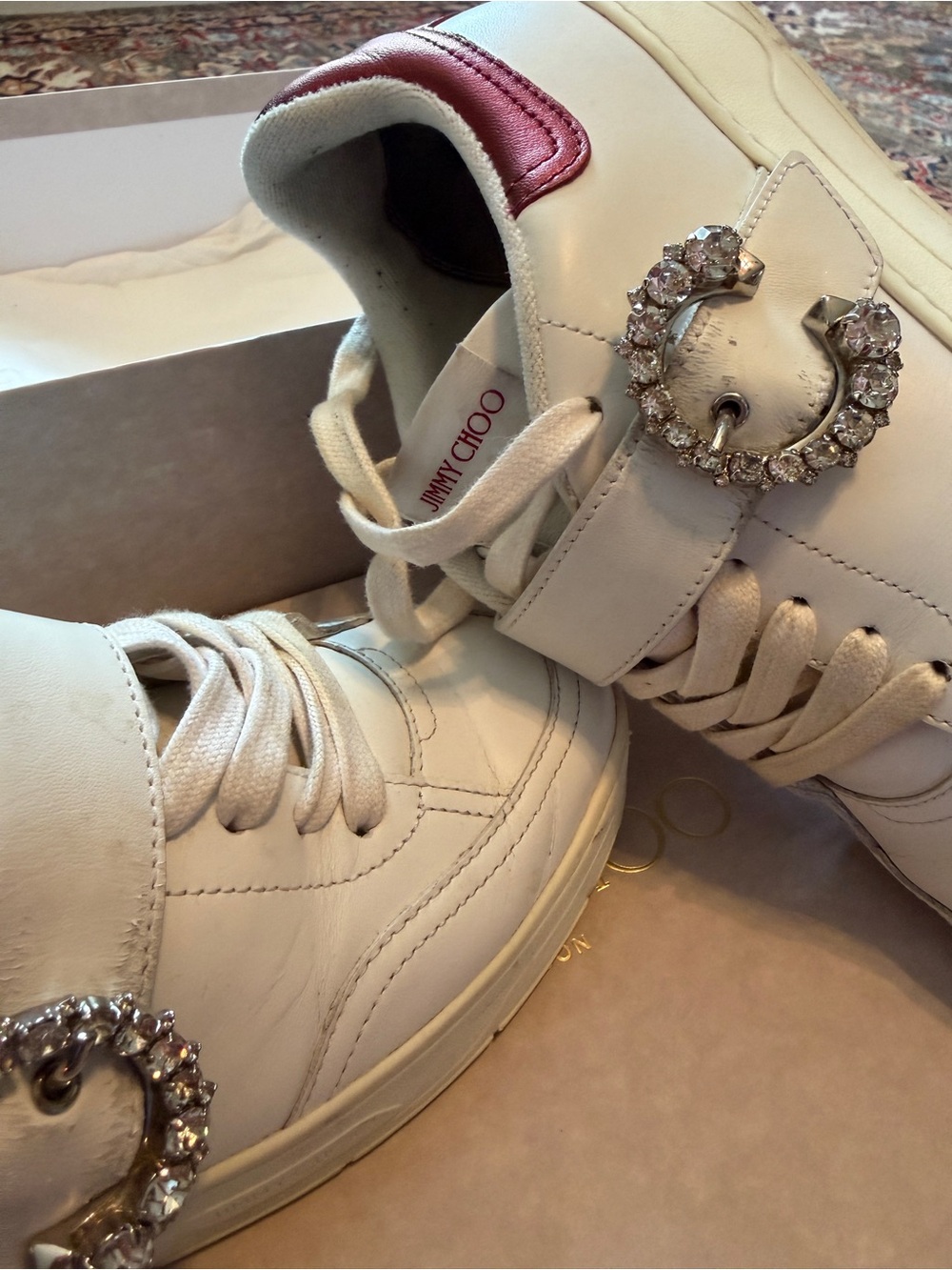 Jimmy Choo White Leather Sneakers with Crystal Buckle and Red Heel Tab
